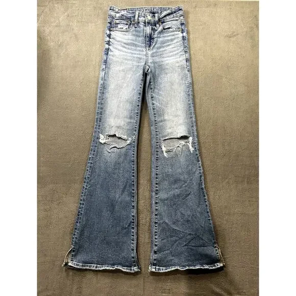 American Eagle Wide Flare Jeans Distressed Stretch Size 00 Women's High Rise - Picture 1 of 10